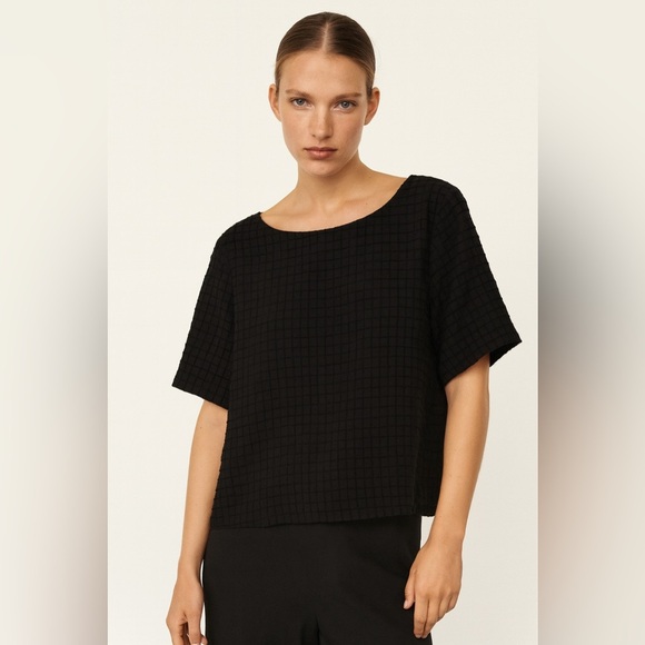 EILEEN FISHER Black Organic Cotton Grid Texture Top | Small - Picture 1 of 6